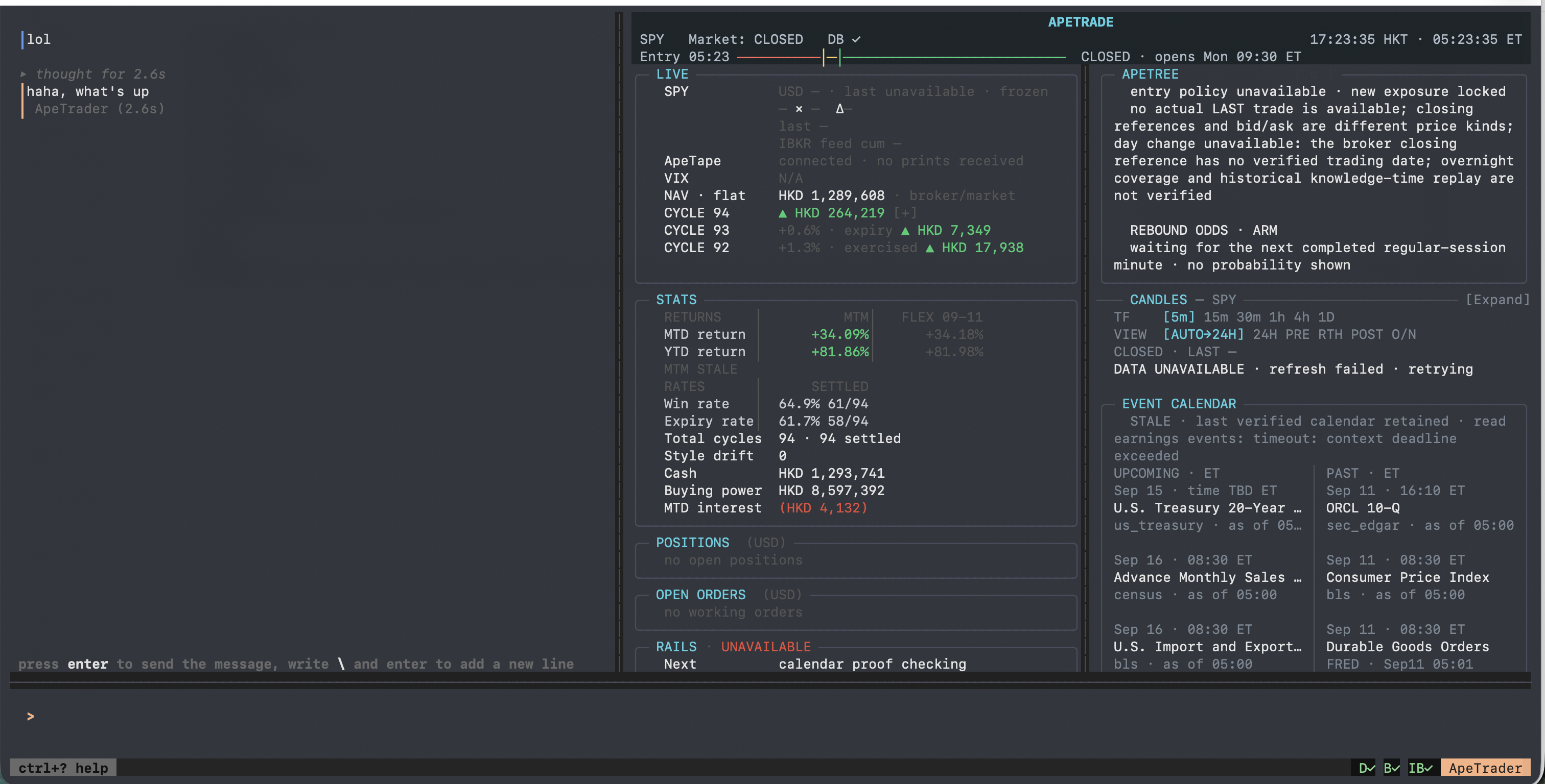 ApeTrader SPY terminal screenshot, market closed with stale and unavailable data visible